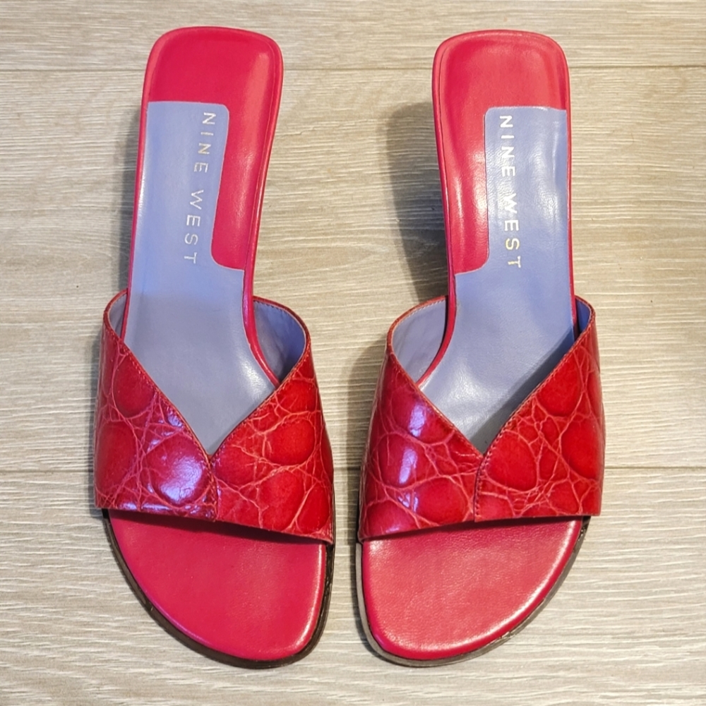 Vintage Y2K | Nine West | Square-Toe | Lrather Kitten Heel Mule Sandals |Size 7M